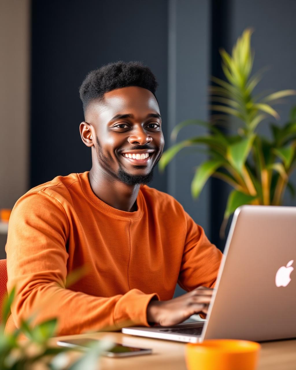 A young Niger Delta entrepreneur smiling while working on a laptop
